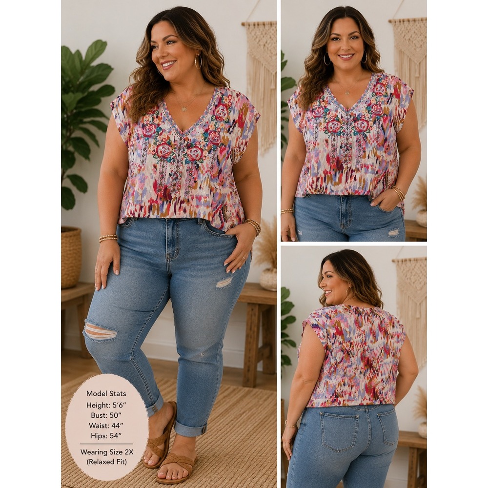 Savanna Jane Blouse‎ Embroidered Floral Ikat Abstract Rayon Boho Pink 2X